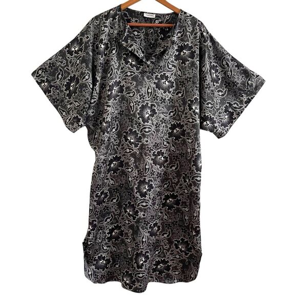 Vintage Natori Floral Kimono Caftan Robe M Black Short Sleeve Loungewear Boho - Picture 1 of 9